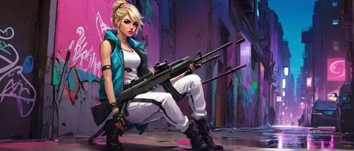 girl with gun,girl with a gun,cyberpunk,shadowrun,bulletgirl,alleyway,cyberpunks,alley,rifle,sombra,femme fatale,noir,alleyways,domino,riven,katana,sniper,cyberangels,graf,rioter,Illustration,Realistic Fantasy,Realistic Fantasy 23