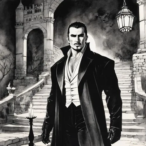 Dominic Purcell, Dracula, male, solo, (40yo), sharp facial features, piercing eyes, pale skin, dark hair, black cape, Victorian-era suit, blood-red vest, white shirt, black trousers, leather boots, fa