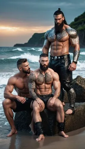 A gorgeous dark bearded 32 years old Viking god  with great powerful muscles and a greek god with giant powerful  are sitting on the shore. Their wet, tight, silk t-slips are teared. Their tanned bodi