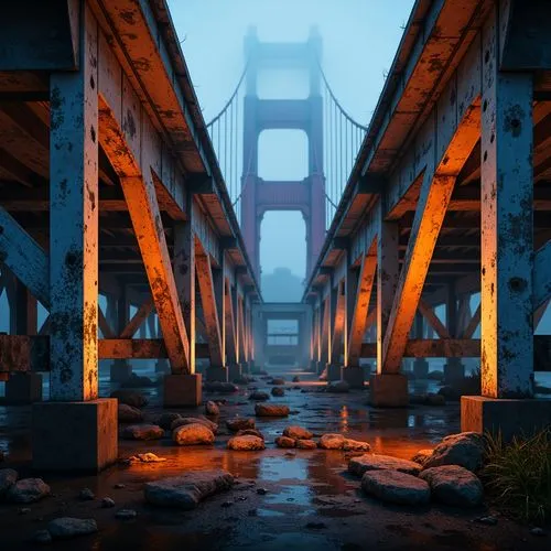 Vibrant orange suspension cables, deep blue steel beams, warm golden lighting, misty atmospheric effects, rugged stone piers, dynamic curved lines, bold geometric shapes, distressed metal textures, ee