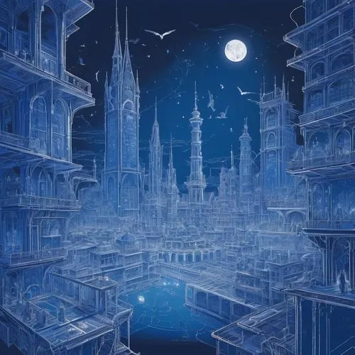 fantasy city,hamelin,delft,sci fiction illustration,ice castle,fantasy world,fantasia,atlantis,city cities,metropolis,valerian,cityscape,ancient city,waterglobe,mystery book cover,heroic fantasy,shirakami-sanchi,indigo,sky city,city at night,Unique,Design,Blueprint