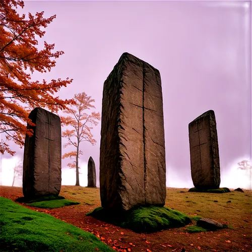 Georgia Guidestones, ancient monument, four granite slabs, astrological symbols, mysterious inscriptions, rural landscape, overcast sky, subtle mist, autumn foliage, 3/4 composition, low-angle shot, d