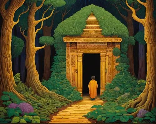 the mystical path,indian art,vipassana,artemis temple,portal,the threshold of the house,ayurveda,forest chapel,somtum,temples,gateway,fairy door,mushroom landscape,temple,pilgrimage,kerala,forest path,ancient house,hindu temple,indian monk,Art,Artistic Painting,Artistic Painting 32