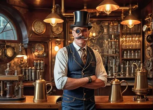 Steampunk bartender, mature man, muscular arms, intricate mechanical limb, leather-bound apron, brass goggles, top hat, handlebar mustache, vest with copper buttons, worn denim jeans, brown leather bo