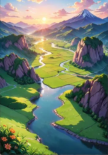 landscape background,mountain landscape,mountain sunrise,river landscape,mountainous landscape,meteora,mountain scene,beautiful landscape,mountain valley,valley,mountain world,mountains,mountain spring,fantasy landscape,mount scenery,japanese alps,alpine sunset,nature landscape,high landscape,the landscape of the mountains,Anime,Anime,Traditional