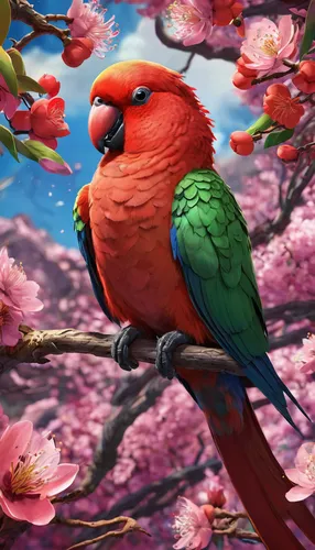 flower and bird illustration,rosella,light red macaw,bird painting,spring bird,spring background,macaw hyacinth,bird illustration,sun parakeet,tropical bird climber,springtime background,bird flower,scarlet macaw,colorful birds,japanese sakura background,red bird,digital painting,kakariki parakeet,king parrot,crimson finch,Conceptual Art,Fantasy,Fantasy 26