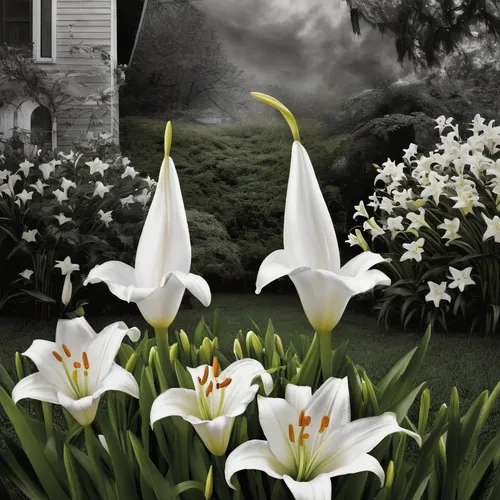 Write a humorous dialogue between two friends trying to plant Easter lilies in a chaotic backyard.,easter lilies,madonna lily,calla lilies,white tulips,lilies of the valley,tulip white,doves lily of t