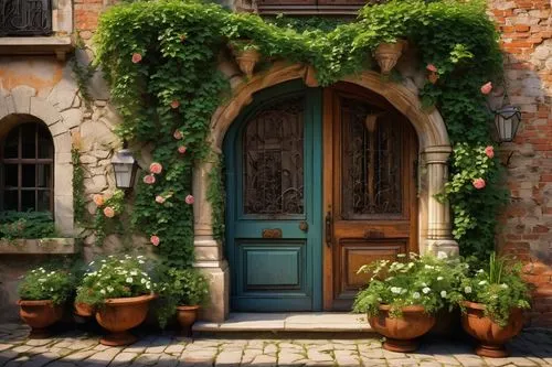 garden door,doorways,doorway,old door,wooden door,the threshold of the house,medieval street,blue door,provence,houses clipart,doorsteps,front door,wrought iron,doorstep,quaint,provencal,door,flower shop,cottage garden,wrought,Art,Classical Oil Painting,Classical Oil Painting 37