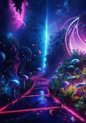 space,galaxy,forest,lightcolorfull,avatar,animail,a painting of an empty pathway leading to some colorful lights,fairy world,alien world,futuristic landscape,alien planet,fairy galaxy,mushroom landsca