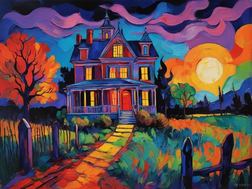 the haunted house,haunted house,witch's house,halloween scene,house painting,house silhouette,halloween poster,witch house,lonely house,halloween ghosts,victorian house,halloween illustration,cottage,house purchase,home landscape,halloween background,halloween and horror,victorian,summer cottage,haunted,Conceptual Art,Oil color,Oil Color 25