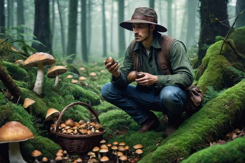 mushroom picker, male character, rugged appearance, flannel shirt, denim jeans, leather boots, wide-brimmed hat, basket full of mushrooms, kneeling, forest, dense foliage, misty atmosphere, worried ex