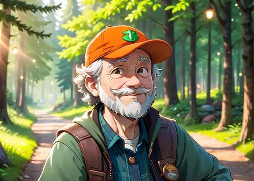 A 45 year old man, he is a forester, he is wearing an orange cap with a logo on it, his beard is chesnuts colored, he is wearing forester clothes green and brown colored, he has a few rickles on his f