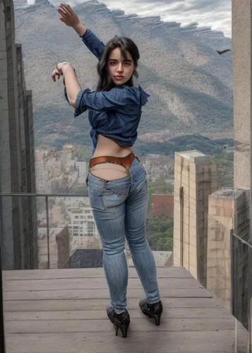 a young beautiful caucasian girl 23 years old black hair wearing a blue blouse and jeans stand up in a balcony in the New York city buildings and mountains as background in 4k,iranian,quito,santiago,h