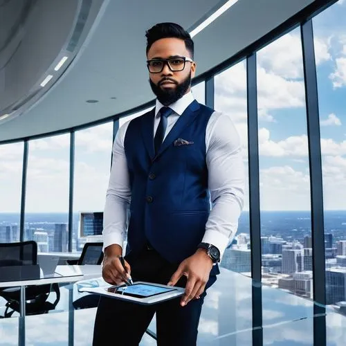 Anthony Eason Jr, architectural designer, standing, confident pose, stylish glasses, short black hair, beard, white shirt, dark blue blazer, black trousers, dress shoes, holding tablet and stylus, mod