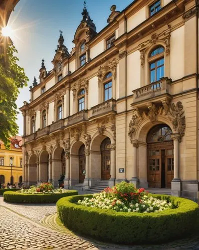 Historic academy building, Prague, Baroque architecture, grand entrance, ornate facade, detailed stone carvings, statues, beautiful gardens, blooming flowers, vibrant greenery, old-fashioned street la