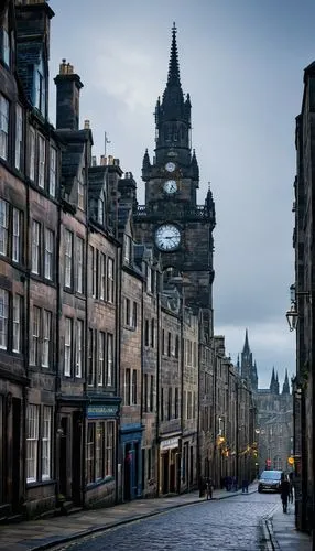 Historic Edinburgh architecture, Victorian-era buildings, ornate stone facades, Gothic spires, grand clock towers, intricate stonework details, Edinburgh Castle in background, Royal Mile, Scottish Bar