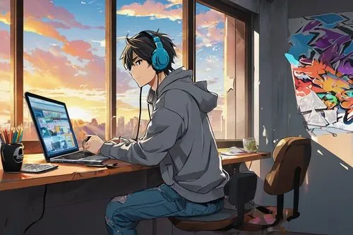 Guy anime creator, Japanese style room, messy desk, papers scattered, anime drawings pinned on walls, colorful pens and pencils, laptop open with anime software, headset around neck, casual wear, grey