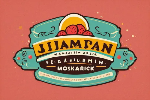 Create a playful and whimsical restaurant logotype with bright colors and fun typography.,jimbaran,coconut jam,joutamaan of,guava jam,javanese,gulaman,apple jam,enamel sign,strawberry jam,rebana,jaran