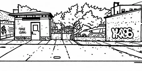 haz linea a blanco y negro de este dibujo. hazlo a mano alzada,a drawing of an empty street,sidestreets,street scene,store fronts,sidestreet,street plan,mono-line line art,Design Sketch,Design Sketch,