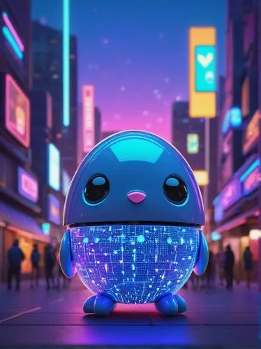 Digital AI Tamagotchi, futuristic virtual pet, robotic eggshell, glowing blue LED eyes, tiny metallic limbs, screens on chest displaying emotions, cute expressions, baby-like features, pastel color sc