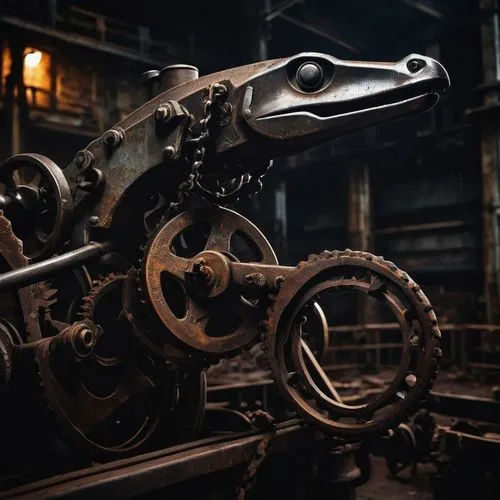 Twisted, metallic, industrial-style hammerhead, intricate mechanical details, rusty texture, worn-out handle, bolts and screws visible, heavy-duty chain attached, brutal, aggressive, powerful, dark at