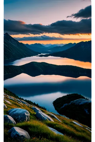 Awesome high-definition wallpaper, breathtaking landscape, misty mountains, serene lake, vibrant sunset, fluffy white clouds, detailed rocky shores, 4K resolution, panoramic view, ultra-wide compositi