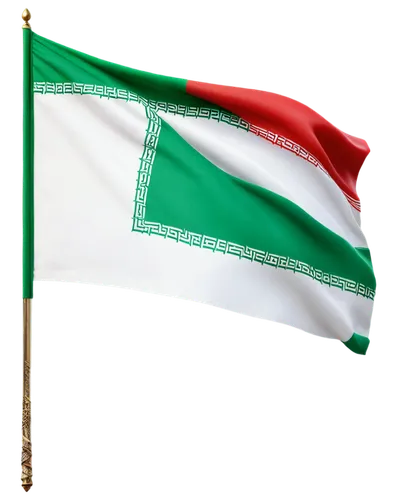 Iranian flag, waving, horizontal composition, green, white, and red tricolor design, intricate emblem in center, golden lion and sword details, fluttering edges, soft sunlight, shallow depth of field,