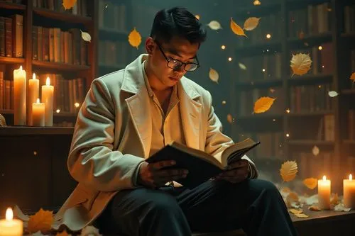 a chunky, husky, bulky, fluffy masculine attractive Vietnamese mythical guy reading books in a floating cosmic library, he wear magical glasses, short black hair, wear some wizard fantasy costume. man