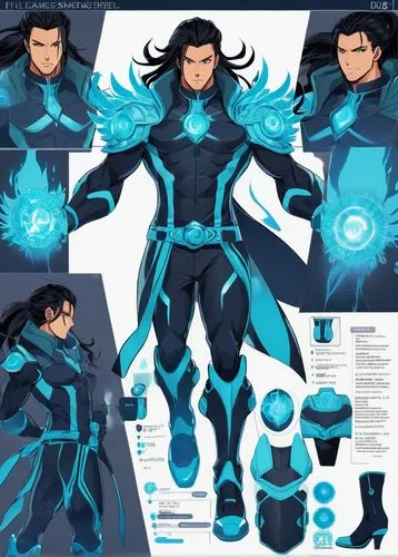 A character design sheet of a male superhero with a cape. Muscular figure. Long black hair in a ponytail. Color: Navy blue and Azure blue. Cell-shaded comic art style. Employ a Canon EOS R6 Mark II ca