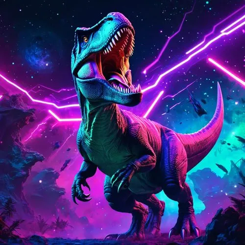 Un T-Rex rugiendo  en un espacio cósmico de luz neón,a large dinosaur that is standing up against a dark sky,tyrannosaurus rex,dino,tyrannosaurus,dinosaruio,trex,landmannahellir,Conceptual Art,Fantasy