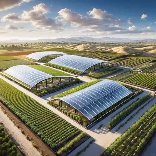 Modern ag architecture, futuristic farm, sleek metal frames, transparent glass walls, automatic irrigation system, lush green crops, rows of hydroponic planters, robotic farming equipment, aerial dron