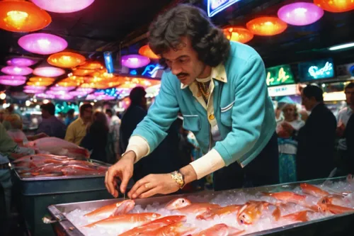 In a bustling fish market, a customer samples a piece of fresh raw fish at a seafood stall.,fish market,namdaemun market,fishmonger,the market,hong kong cuisine,seafood counter,market,market stall,fre