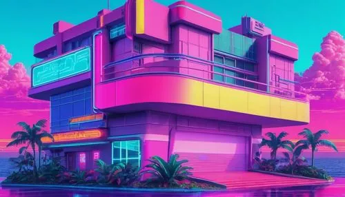 **Architecture,a very cool building on top of the water,aesthetic,80's design,tekmeh,tropicana,tropical house,synth,aqua studio,haulover,cybertown,cybercity,miami,fantasy city,paradisus,hypermodern,hk