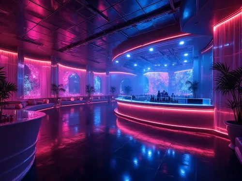 Neon-lit nightclub interior, futuristic architecture, reflective metallic surfaces, LED light installations, dark polished floors, glossy acrylic bars, shimmering fabric drapes, luxurious VIP lounges,