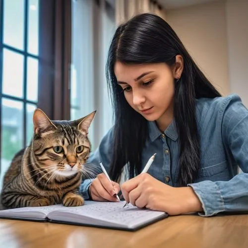 girl studying,drawing cat,tutoring,tutor,tutored,cat vector,Photography,General,Realistic