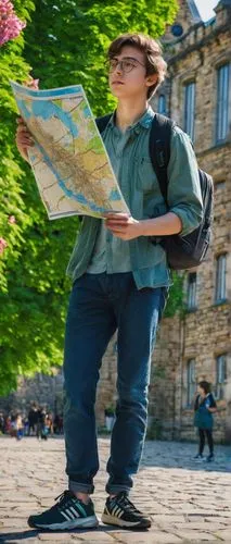 Foreign exchange student, young adult, standing, backpack, casual clothes, sneakers, holding a city map, confused expression, studying architecture, foreign university campus, European-style buildings