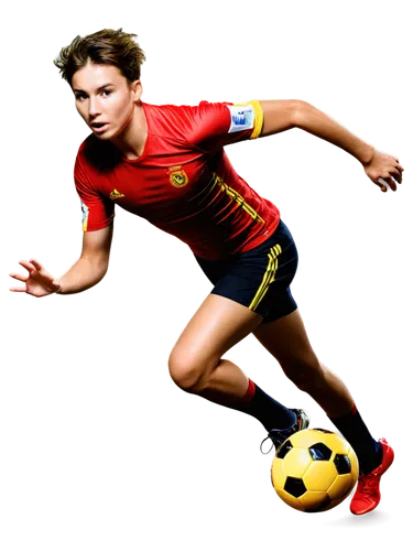 Red and yellow jersey, sporty atmosphere, athlete, young adult, short hair, sweaty face, muscular arms, holding a soccer ball, standing pose, dynamic composition, high-angle shot, vivid color tone, st