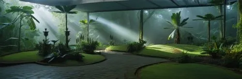 Create a vibrant scene set in a lush tropical rainforest. The path winds up a gently sloping green hill, bathed in enchanting green lighting that emphasizes the rich foliage. add groups of people expl