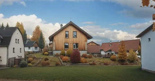 домик в деревне 
Швейцария ,an image of a residential area with autumn foliage,cohousing,ravensberg,huneck,trossingen,hupfeld,goslar,Photography,General,Realistic