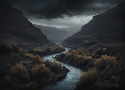 river landscape,fantasy landscape,rio grande river,world digital painting,mountain river,snake river,big bend,canyon,desert landscape,valley of death,horsheshoe bend,a river,valley of the moon,fallen giants valley,black landscape,digital painting,valley,flowing creek,landscapes,watercourse,Conceptual Art,Fantasy,Fantasy 34