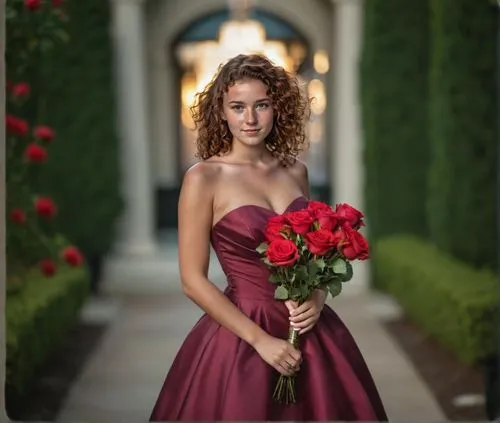 wearing a strapless dress, sexy, holding roses, prom setting,red carnations,with roses,bridesmaid,red roses,red gown,red carnation,red rose,quinceañera,romantic portrait,romantic rose,romantic look,gi