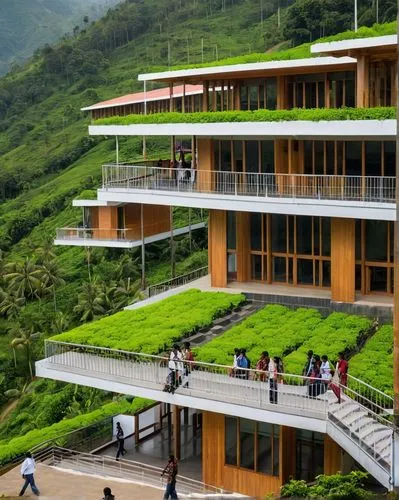 DC School of Architecture and Design DCSA&D, Vagamon, Kerala, modern academic building, glass façade, steel structure, green roof, natural lighting, wooden accents, Indian architectural style, tropica