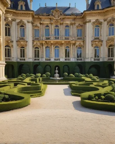 Grandiose French chateau, 17th century Baroque style, ornate stone carvings, intricate sculptures, majestic entrance gate, symmetrical facade, tall windows with ornate shutters, grand staircase, marbl