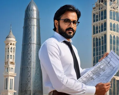 Middle-aged, male, architect, Karachi, Pakistan, bespectacled, short black hair, trimmed beard, white shirt, black tie, formal pants, leather shoes, holding blueprints, standing, confident pose, moder