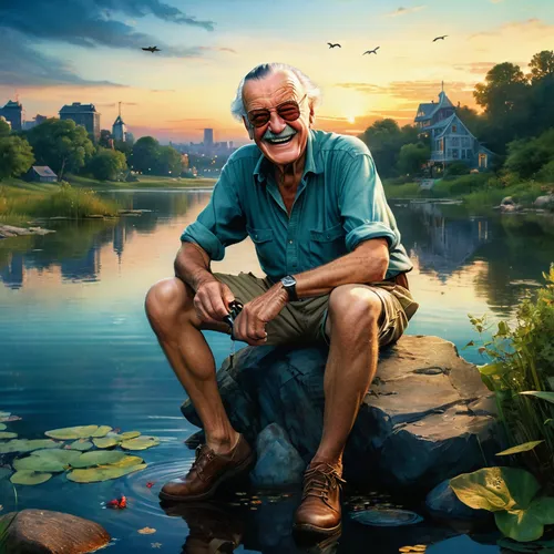 stan lee,walt,retirement,version john the fisherman,zookeeper,casting (fishing),portrait background,studio ghibli,big-game fishing,world digital painting,digital compositing,elderly man,grandpa,artist portrait,cg artwork,sci fiction illustration,fish-surgeon,the man in the water,cuba background,game illustration,Conceptual Art,Fantasy,Fantasy 05