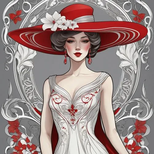 queen of hearts,victorian lady,rose white and red,fashion illustration,red hat,the hat of the woman,fashion vector,lady in red,white and red,art deco woman,beautiful bonnet,ladies hat,bridal clothing,victorian style,art nouveau design,valentine pin up,woman's hat,red rose,the hat-female,panama hat,Illustration,Retro,Retro 08