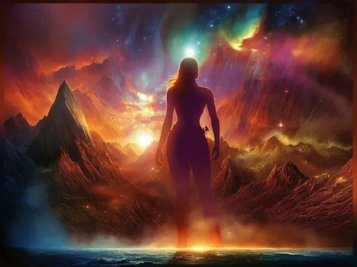 a woman standing in front of a mountain scene with a sky and stars,astral traveler,fantasy picture,inanna,ashtar,etheric,mythography,Illustration,Realistic Fantasy,Realistic Fantasy 25