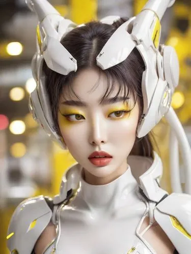 a Japanese girl model with futuristic look and white glossy outfit, eyes looking at viewer, glossy props, pinky make-up, collarbone, vivid color, hi-tech designed props for helmet, realistic lips and 