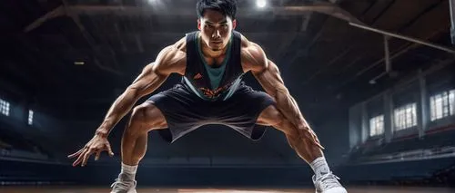 Muscular man, Ryohei Hase, 30s, athletic build, short black hair, intense eyes, strong jawline, small scar above left eyebrow, sleeveless shirt, sporty pants, sneakers, basketball court, indoor stadiu