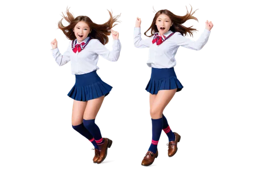 Colorful anime style, vibrant hair clips, sparkly eyes, rosy cheeks, Japanese school girl uniform, white blouse, short pleated skirt, knee-high socks, brown loafers, dynamic pose, jumping in air, wind